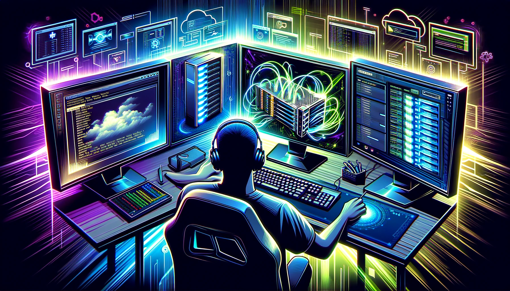 DALL·E 2024-04-30 12.21.48 - A wide thumbnail design for an online course lesson titled 'Setting Up Your Own Server', with a strong gaming focus. The image features a digital illu