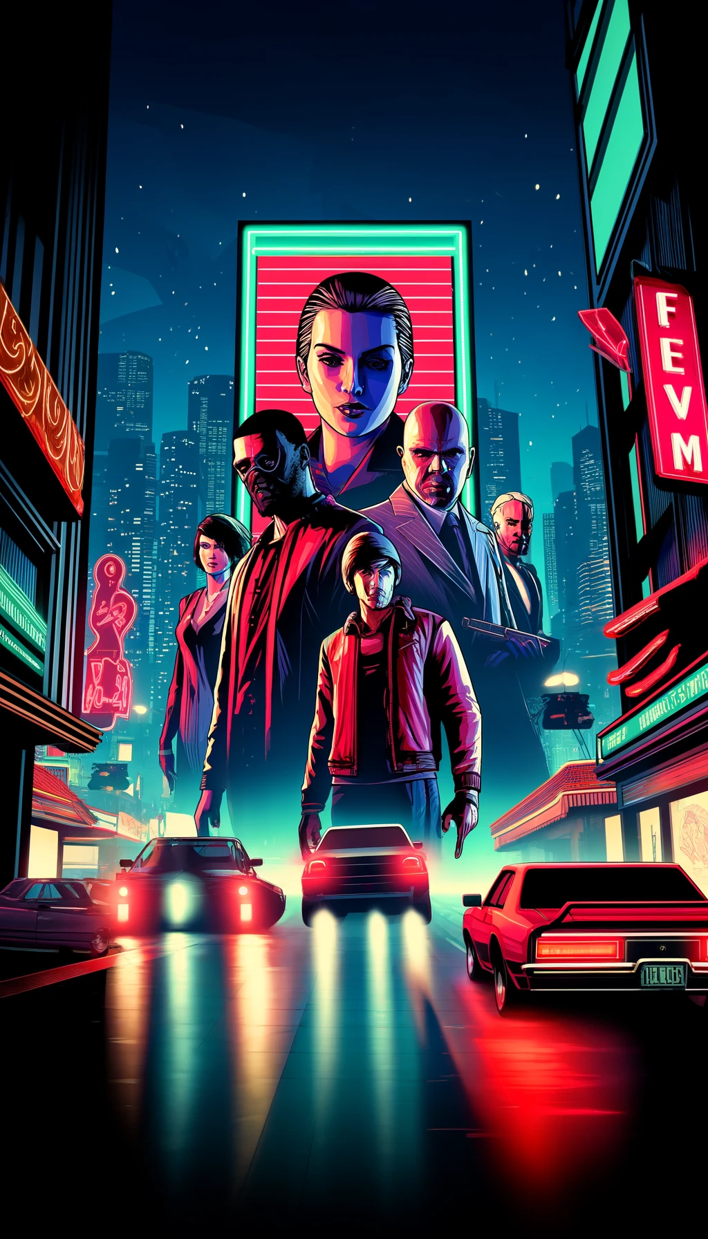 DALL·E 2024-04-30 13.18.30 - A vertical digital illustration in the style of a GTA V game, designed for a GTA FiveM server. The scene features a bustling city street at night with