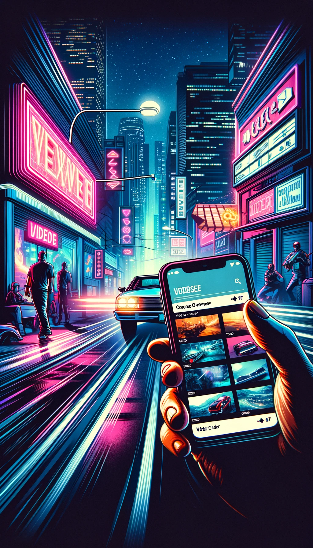 DALL·E 2024-04-30 13.21.00 - A vertical digital illustration in the style of a GTA V game, designed for a GTA FiveM server. The scene prominently features a hand holding a smartph